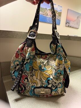 Vintage Kathy Van Zeeland Y2K Floral Canvas Studded Hobo bag -Rhinestone Crown